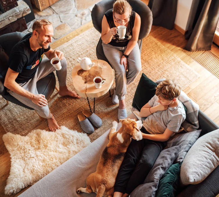 Billede taget ovenfra af kvinde, mand, dreng og hund der sidder i stue og drikker te